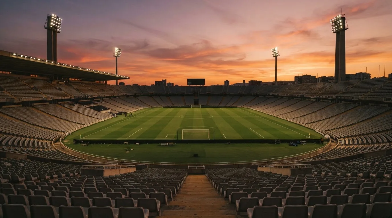 Un estadio de fútbol vacío con torres de iluminación al atardecer