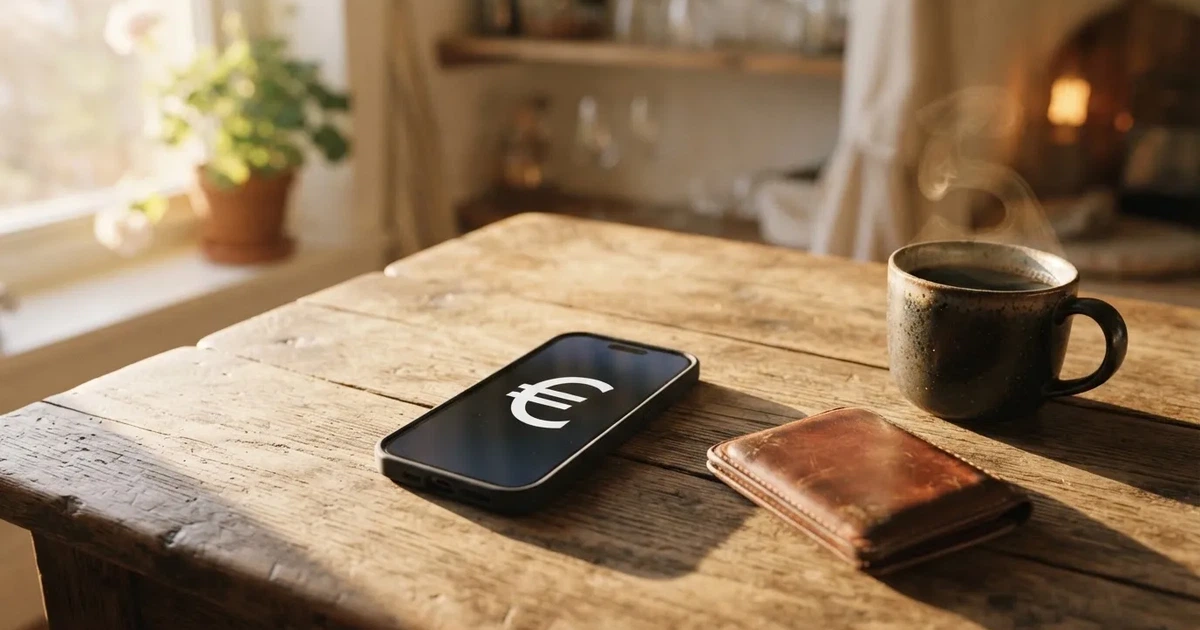 Un móvil sobre una mesa de madera junto a una cartera y una taza de café