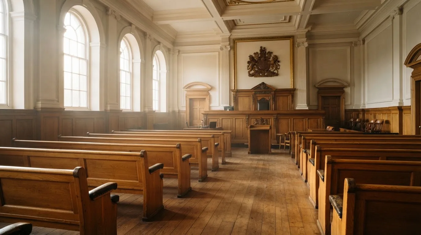 Una sala de tribunal vacía con bancos de madera a la luz de la mañana