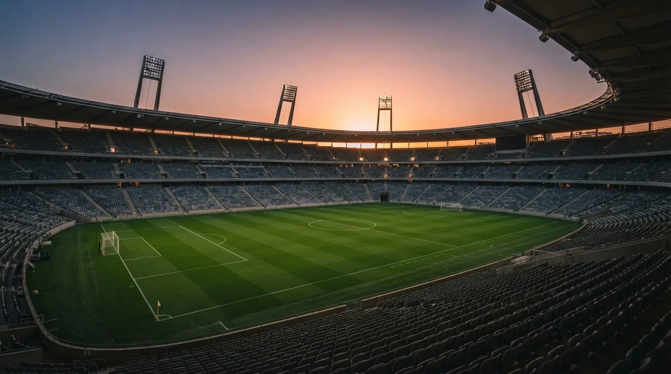 Un estadio de fútbol vacío con torres de iluminación al atardecer