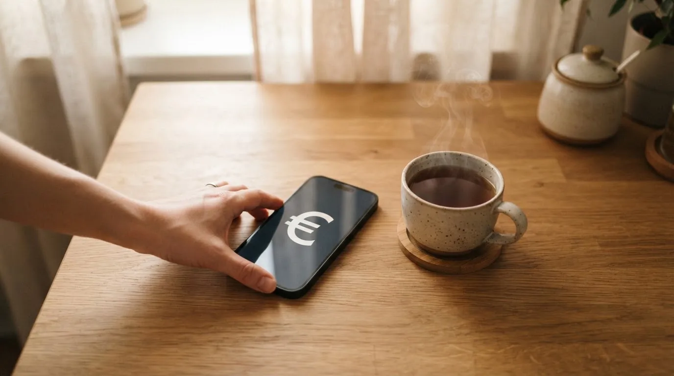 Una mano deja un móvil junto a una taza de té sobre la mesa de la cocina, una tarde tranquila