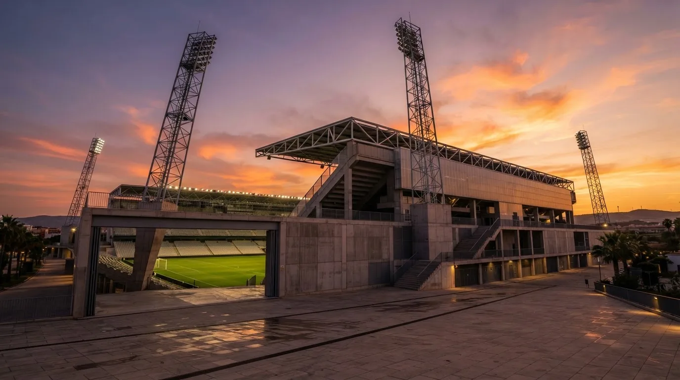 Un estadio de fútbol vacío con torres de iluminación al atardecer