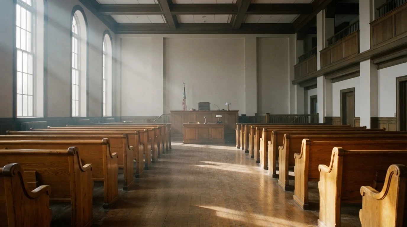 Una sala de tribunal vacía con bancos de madera a la luz de la mañana