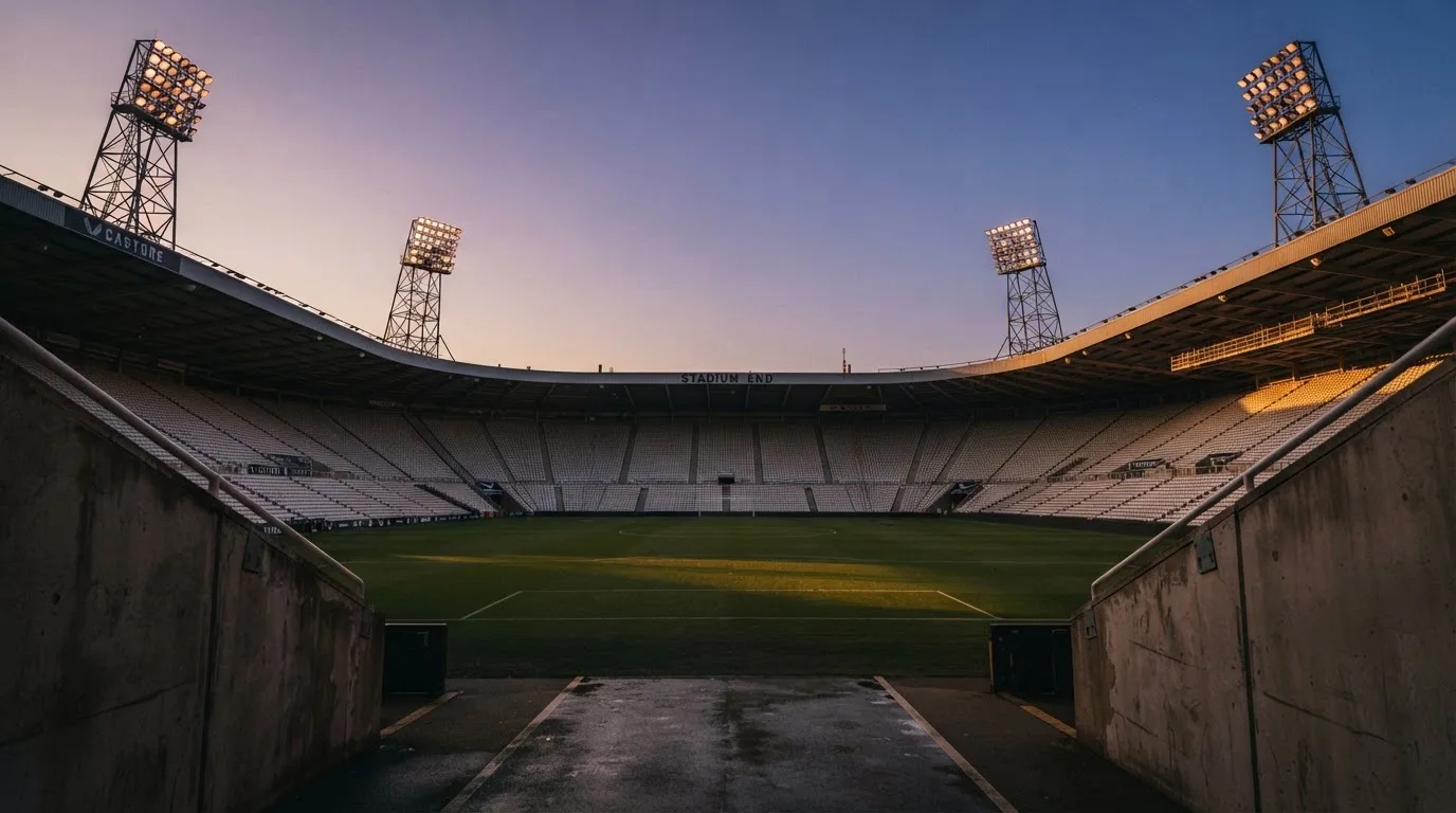 Un estadio de fútbol vacío con torres de iluminación al atardecer