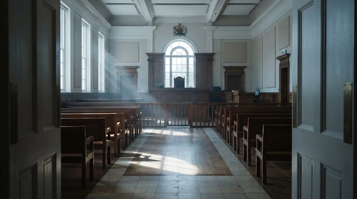 Una sala de tribunal vacía con bancos de madera a la luz de la mañana