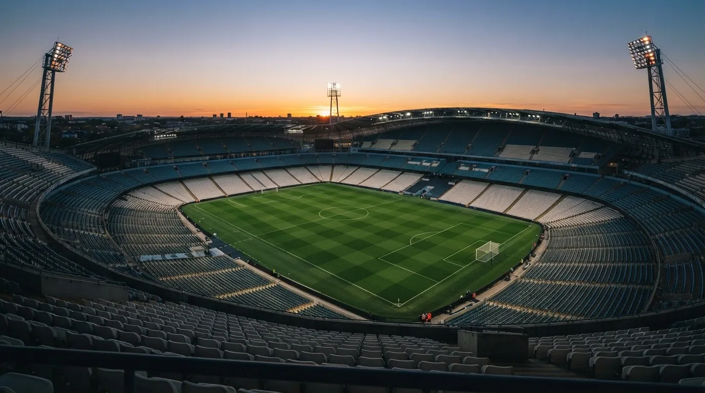 Un estadio de fútbol vacío con torres de iluminación al atardecer