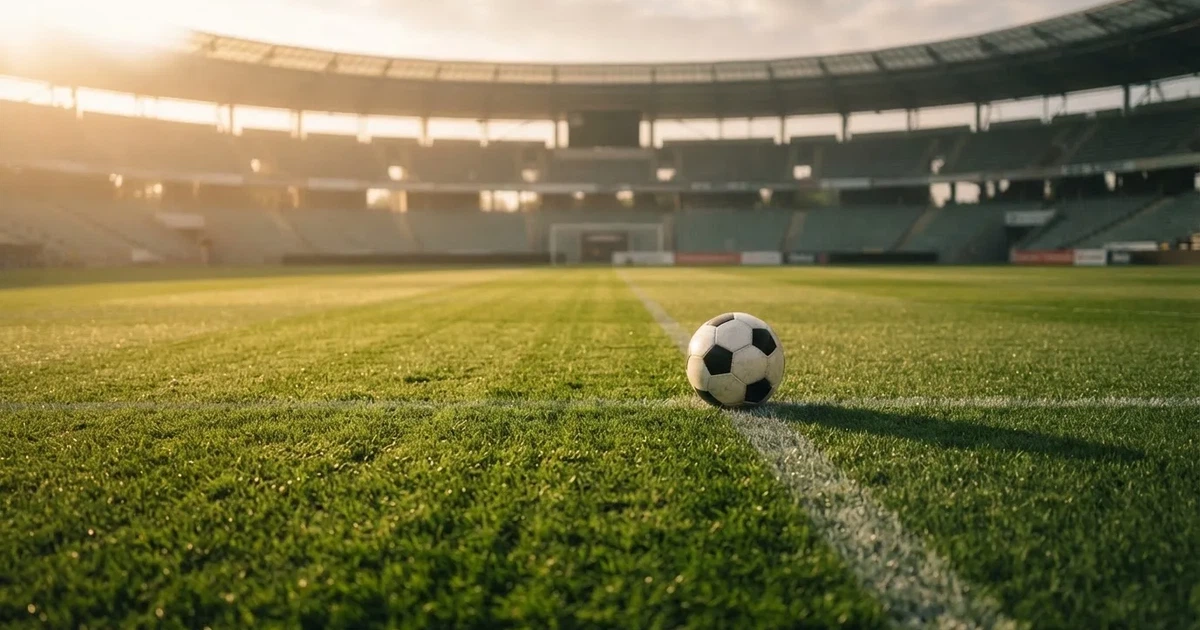 Un balón en el punto central de un campo de césped a la luz de la mañana