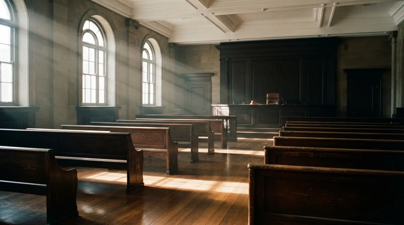 Una sala de tribunal vacía con bancos de madera a la luz de la mañana